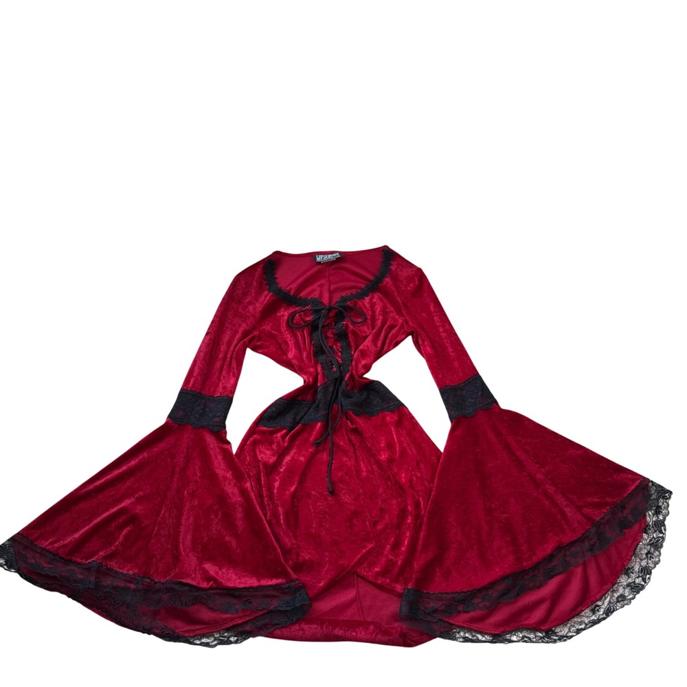 Vintage Y2K 90s Lip Service Corset Bell Sleeve Lace up Crushed Velvet Top Goth L - Picture 3 of 8